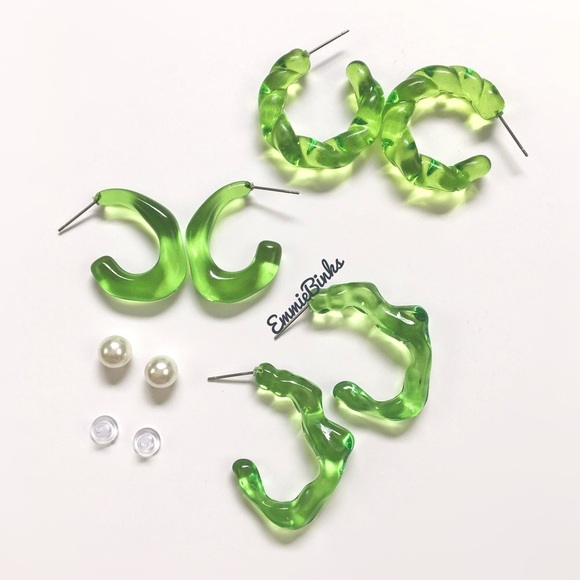 ✨3for$38 Set of 3 Transparent Green Hoop Earrings / Reversible Earring Jackets - Picture 1 of 14